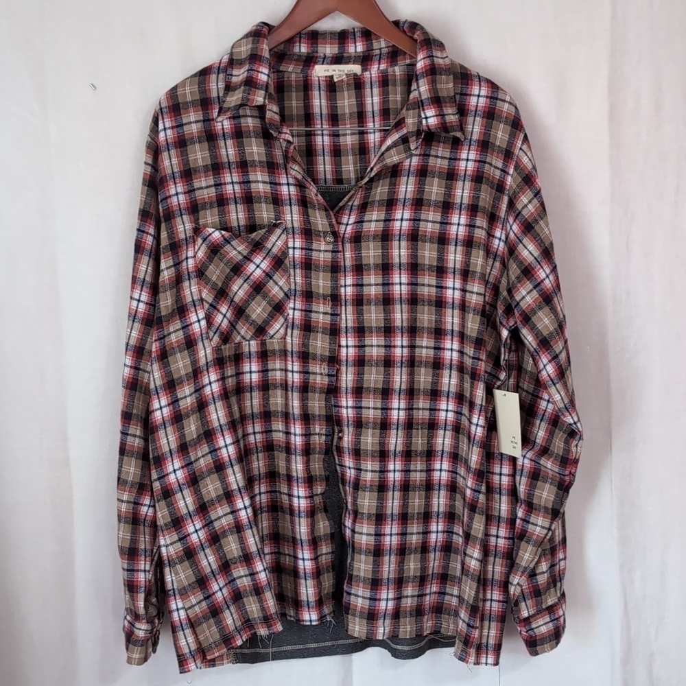 Pie in the Sky Red Tan Plaid Button Up Long Sleeve Graphic Back 1x NWT